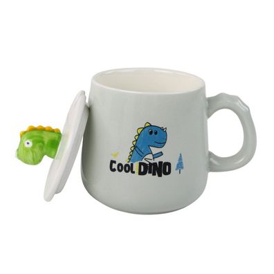 Leantoys Dinosaurierblaue Keramiktasse, Deckel, Löffel, 350 ml