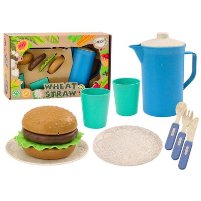 Spielgeschirr Set mit Tellern, Tassen, Krug, Hamburger und Besteck, 11-teilig
