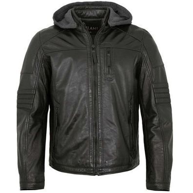 Jilani - Herren Lederjacke Kapuze Lammnappa schwarz