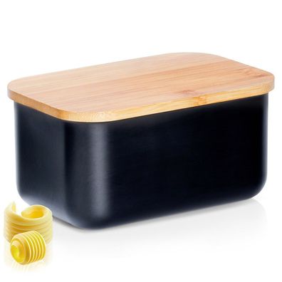 Schwarze Butterdose aus Stahl mit Bambusdeckel