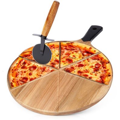 Rundes Pizzabrett aus Holz mit Messer 30 cm 2 Stück