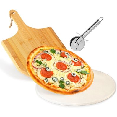 Pizzastein aus feuerfestem Ton mit Schaufel und Messer, 3-teilig