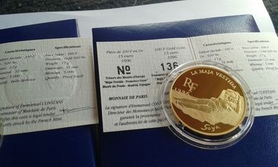 100 Francs 1996 Frankreich PP Goya Nackte Maya 17g Gold 920er - nur wenige Exemplare