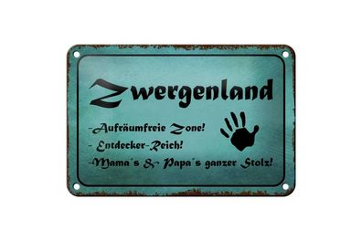 Blechschild Zwergenland Aufräumfreie Zone Reich, 3 vers. Größen, Spruch