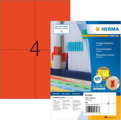 HERMA 4397 Farbige Etiketten rot, 100 Blatt, 105 x 148 mm, 4 pro A4 Bogen, 400 Stück,
