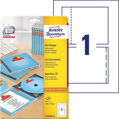 AVERY Zweckform C32250-25 CD-Einleger (25 CD-Cover, 151x118mm auf A4, Vorder- und Rüc