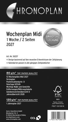 Chronoplan 50257 Wochenplan, Midi, 2027, weiß, 96 x 172 mm, Inhalt: 124 Blätter / 1 S