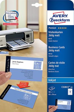 AVERY Zweckform C32015-10 Premium Visitenkarten, blanko (80 Stück, 260g, 85x54 mm, be