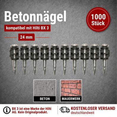 Betonnägel 24 mm - 1000 Stück kompatibel mit Hilti BX 3 - für Beton & Mauerwerk