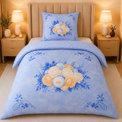 Hochwertige Fleece Bettwäsche Blumen Blau 135x200 80x80