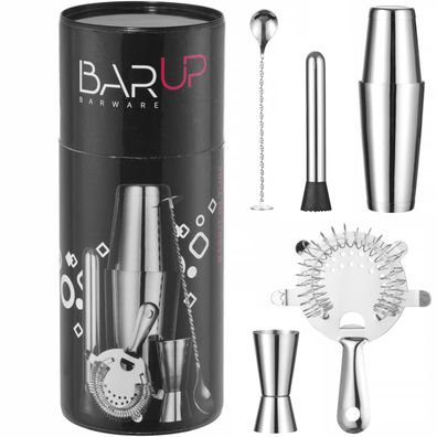 Barkeeper-Set im Rohr, Shaker, Jigger, Sieb, Stößel, Löffel - Silber