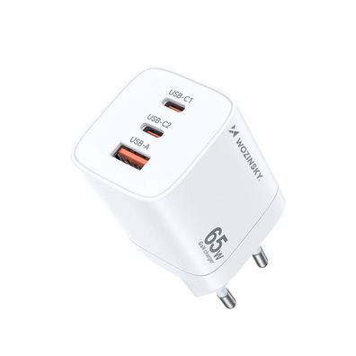 GaN 65W 100-240V USB-A 2x USB-C weißes Netzteil