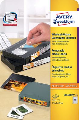 AVERY Zweckform L4746REV-25 Etiketten für VHS-Videokassetten (A4, 325 Stück, 147,3 x