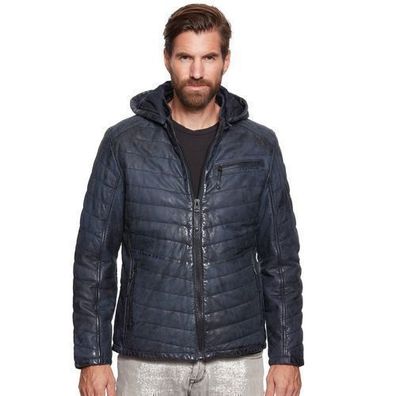 Jilani - Herren Lederjacke Steppjacke Kapuze Lammnubuk dunkelblau antik