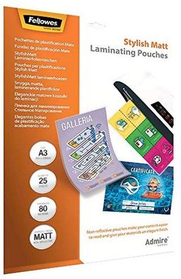Fellowes matte Laminierfolien A3 Admire Stylish Matt, entspiegelt, 80 Mikron (2 x 80m