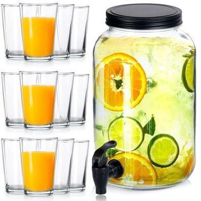 Glas-Getränkekrug mit Zapfhahn 3,2 l + 12 Gläser 200 ml