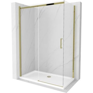Mexen Omega Duschabtrennung 140x80 cm Gold + Duschwanne Flat, Transparent