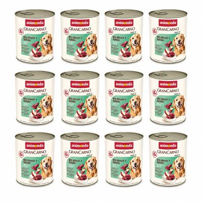 Animonda GranCarno Adult Hirsch und Apfel Nassfutter für Hunde, 12 x 800 g Dose