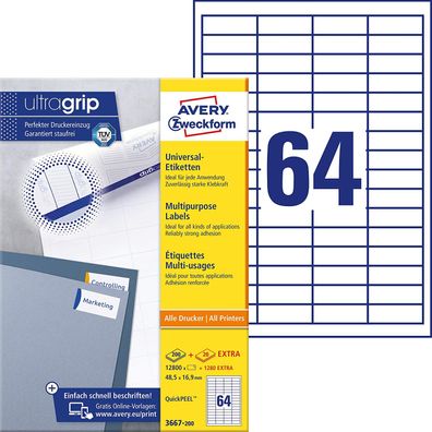 AVERY Zweckform 3667-200 Universal Etiketten (12.800 plus 1.280 Klebeetiketten extra,