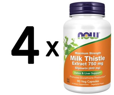 4 x NOW Foods Milk Thistle Extract, Maximum Strength 750mg - 90 vcaps