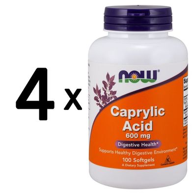 4 x NOW Foods Caprylic Acid, 600mg - 100 softgels
