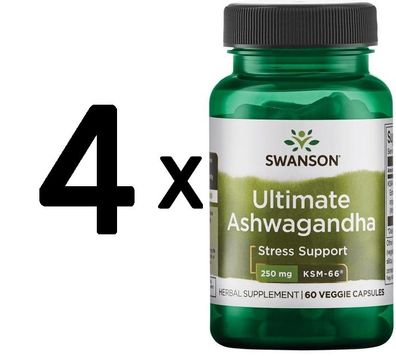 4 x Swanson Ultimate Ashwagandha KSM-66, 250mg - 60 vcaps