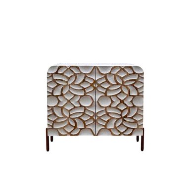 Mango-Sideboard massiv, 2 Türen, weiße Patina, Goldfüße