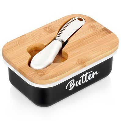 Schwarze Butterdose aus Metall mit Bambusdeckel und Messer