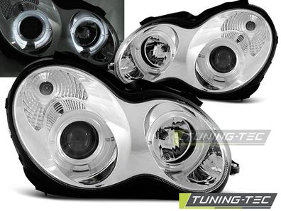 LED Angel Eyes Scheinwerfer passend für Mercedes Benz C-Klasse W203 00-04 chrom