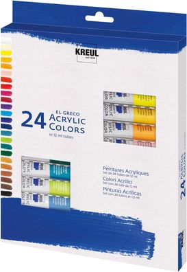 KREUL 28253 - El Greco Acrylfarben, 24 x 12 ml, glänzende, hochpigmentierte Acrylfarb