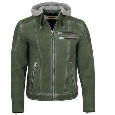 Punchball - Herren Lederjacke Kapuze Lammnubuk grün antik