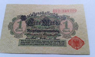 1 Mark 1914 Darlehnskassenschein 12.08.1914 Rotes Siegel