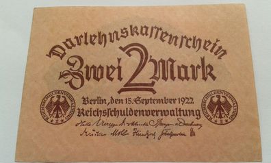 2 Mark 1922 2 Mark 1922 2 Rentenmark 15.09.1922 Darlehnskassenschein