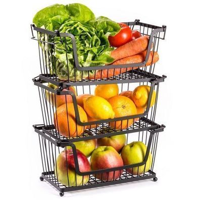 Obst- und Gemüsekorb, schwarzes Metall, 3 Stück
