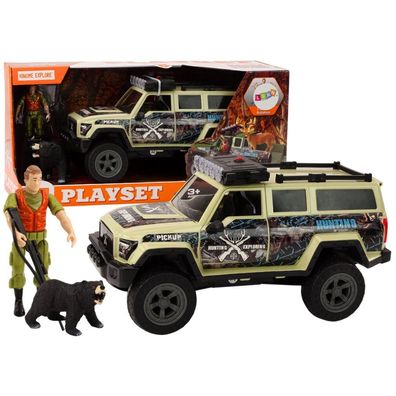 LeanToys Geländewagen Jagdauto mit Jäger und Bär, Licht und Geräusche, Beige