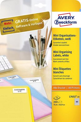 AVERY Zweckform L7632-25 Mini-Organisations-Etiketten (2.000 Stück, 35,6 x 16,9 mm, 2