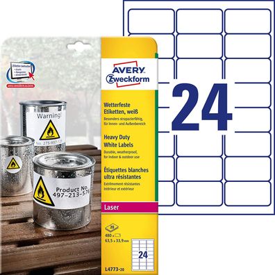 AVERY Zweckform L4773-20 Wetterfeste Folienetiketten (63,5x33,9 mm auf DIN A4, extrem