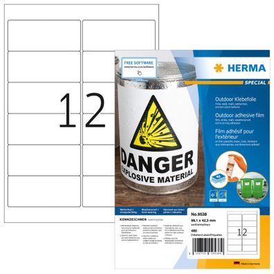 HERMA 9538 Wetterfeste Folienetiketten, 40 Blatt, 99,1 x 42,3 mm, 12 pro A4 Bogen, 48