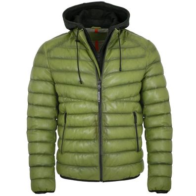 Milestone - Herren Echtleder Lederjacke Steppjacke Lammnappa Kapuze grün