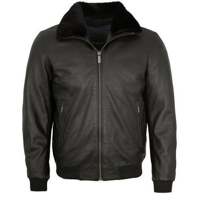 Bugatti - Herren Lederjacke Weste Lammfellkragen Lammnappa schwarz