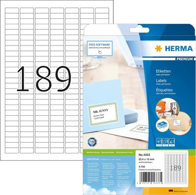 HERMA 4333 Universal Etiketten, 25 Blatt, 25,4 x 10 mm, 189 pro A4 Bogen, 4725 Stück,