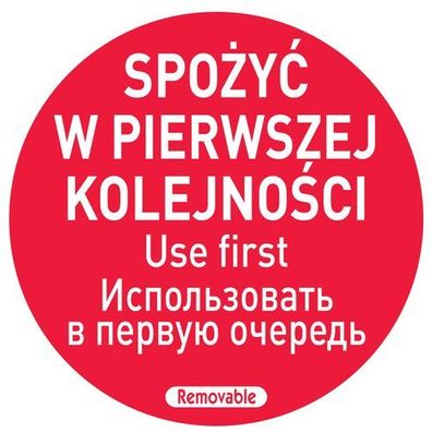 Lebensmittelsicherheitsaufkleber „Zuerst verwenden“ PL RU EN 500 Stück. Hendi 850152