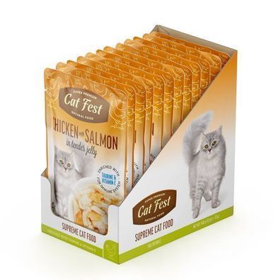12 * Cat Fest Katzenfutter-Tütchen „Huhn mit Lachs in Gelee“, 70 g