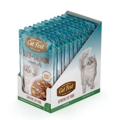 12 * Cat Fest Katzenfutter im Beutel „Ente mit Lachs in Gelee“ 70 g