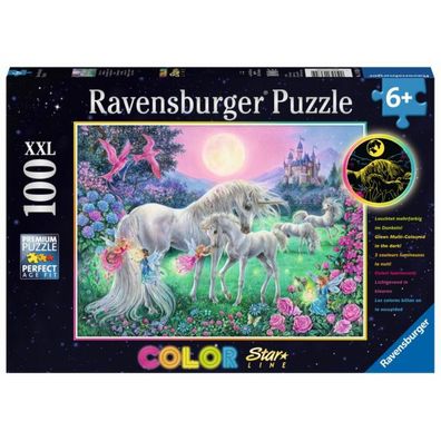 Puzzle Dreifarbiges Leuchtpuzzle Einhörner im Mondschein, 100 Teile