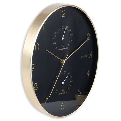 Schwarze goldene Wanduhr mit Thermometer und Hygrometer, 27 x 34,5 cm
