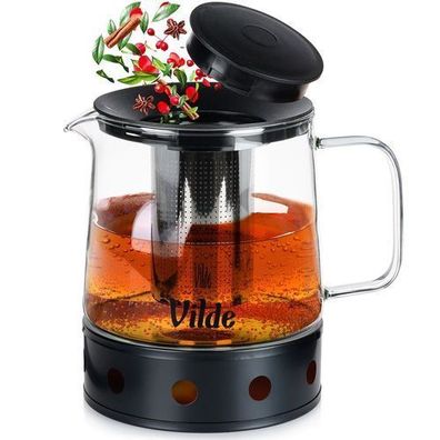 Hitzebeständige Glasteekanne mit Teesieb und Wärmefunktion, 1,5 l