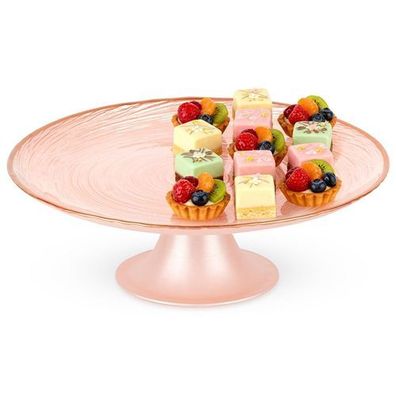 Rosafarbener Tortenständer aus Glas auf einem Fuß, 21 cm
