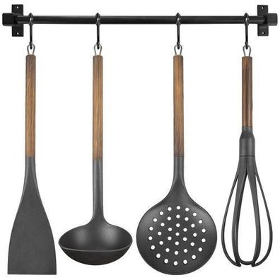 Küchengeländer mit Küchenutensilien, Metall, schwarz, 5-teilig