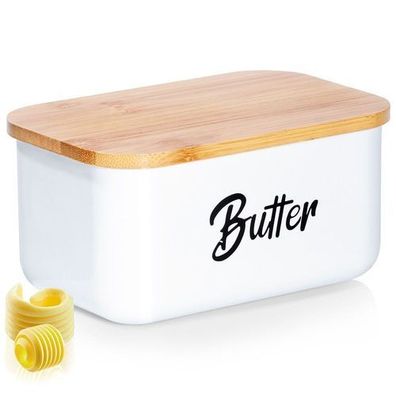Weiße Butterdose aus Stahl mit Bambusdeckel